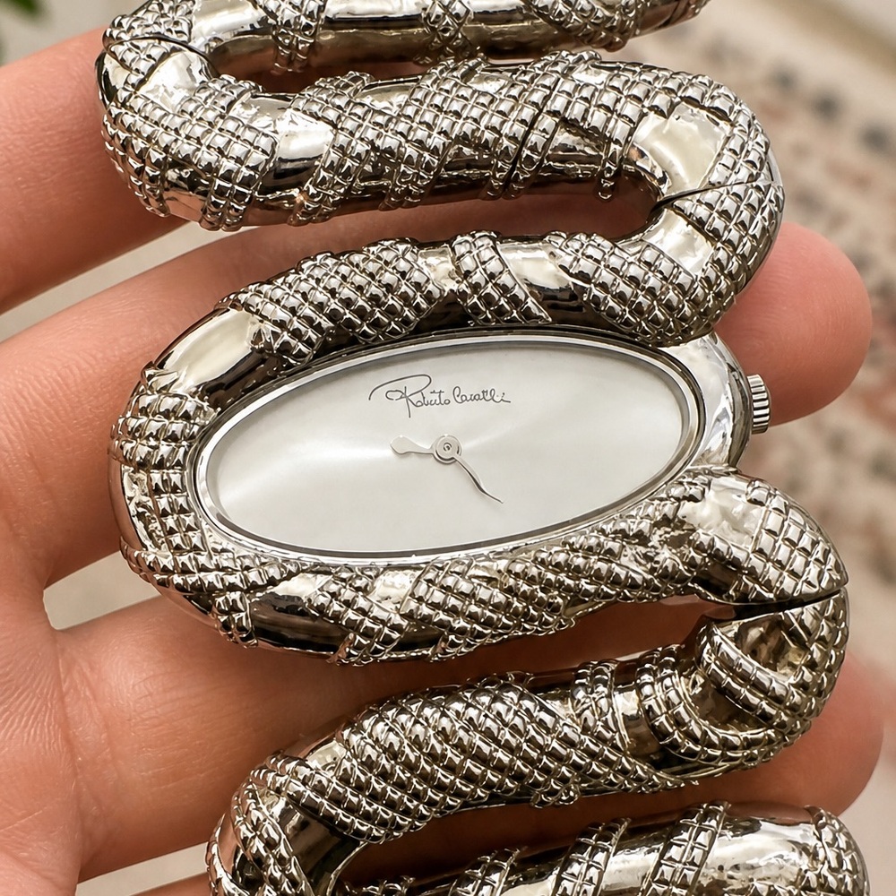 Roberto Cavalli Silver Snake-Coil Bracelet Watch with Mother-of-Pearl Dial